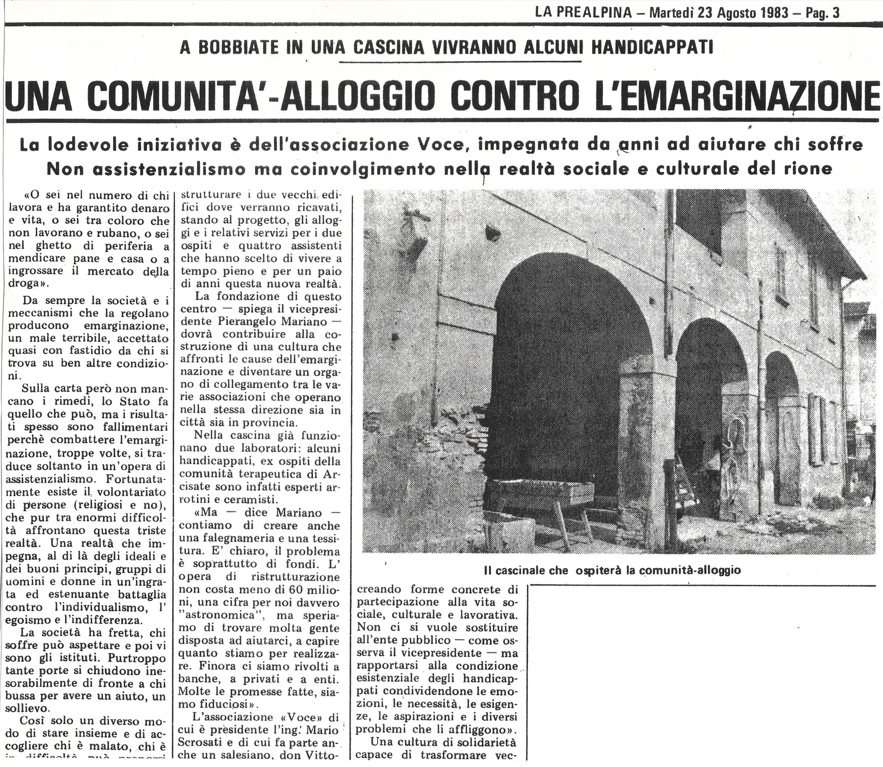 Ritaglio de La Prealpina del 23 agosto 1983: «Una comunità-alloggio contro l'emarginazione», sull'iniziativa dell'associazione Voce a Bobbiate.